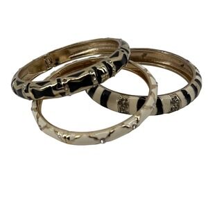 Sequin Gold Plated Black White Enamel Hinged Y2K Bangle Boho Bracelet Set of 3
